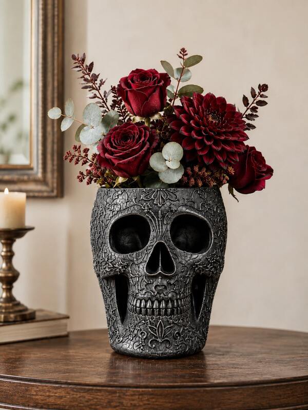 1pc Decorative Gothic Skull Vase, Black/White Baroque Floral Relief Vase, Dark Romantic Halloween Home Decor, Centerpiece Display For Living Room, Entryway, Coffee Table, Shelf And Bedroom, Autumn Decor Gift
