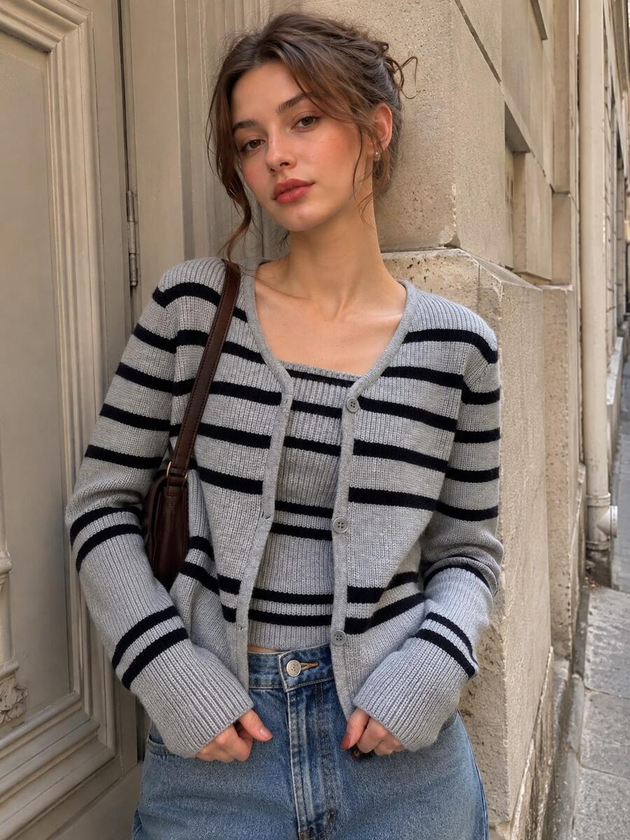 Women's Knit Striped Patchwork Collar Casual Vest 2 Pieces Set, Autumn/Winter Elegant - Grey - View 1