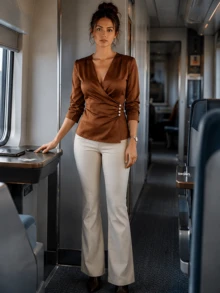 Stylish V-Neck Draped Wrap Top For Women, Three Quarter Sleeve Woven Blouse With Button Detail And Asymmetrical Hem Brown - Brown - View 3