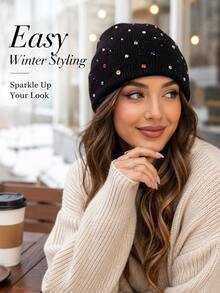1pc Fashion Rhinestone Knit Beanie, Warm Casual Hat For Autumn/Winter, Unisex, Suitable For Couples, Stylish Design - Multicolor - View 2
