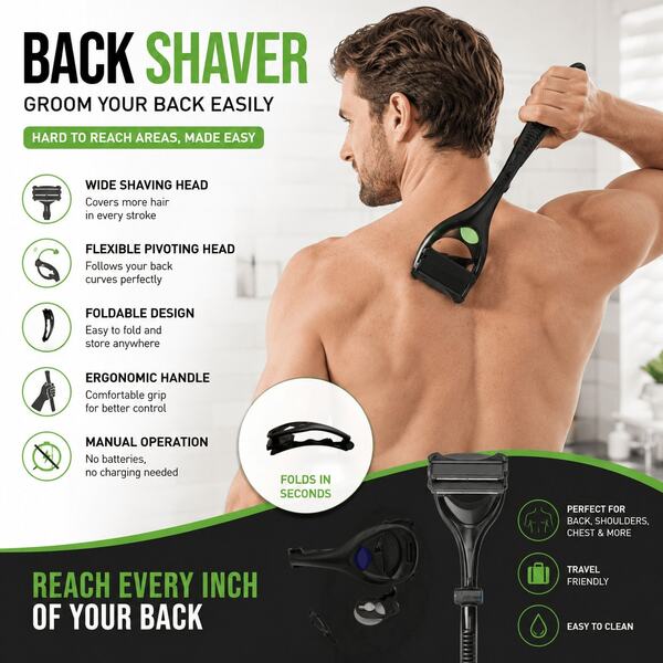 A Unisex Back Hair Razor,Foldable Long Handle Self‑Shave Body Hair Remover,Home & Travel Portable Body Grooming Use,For Men & Women,Replaceable Blade Manual Shaver,Reach Back Easily Fold‑To‑Store Body Trimmer 2/4/8Pcs Replacement Blades Available