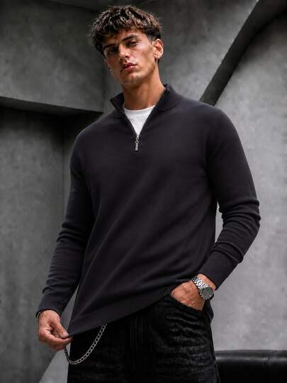 Krometka Men's Half-Zip Stand Collar Long Sleeve Top, Minimalist Basic Style, Commuter Casual Pullover