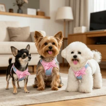 1pc Small Dog Harness . Anti-Escape Cat Harness | Night Reflective . Plaid Bandana + Bow Decor . Mesh Lining Comfortable & Breathable . Hook & Loop Design Easy To Put On & Take Off . Suitable For Small Dogs & Cats Indoor & Outdoor - Multicolor - View 7