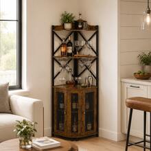 5-Tier Corner Wine Cabinet , Large Industrial Bar Storage Cabinet With Glass Holder, Home Bar Liquor Display Shelf – Rustic Brown - Rust Brown - View 2