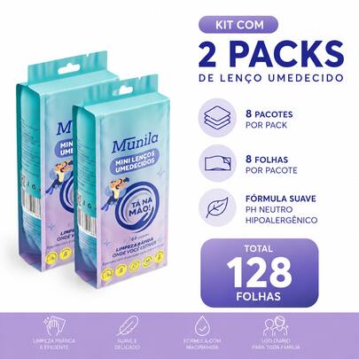 Kit 128 folhas Lenços Umedecidos Tá Na Mão MUNILA 16 Pacotes