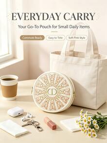 Dior Off-White Mesh Butterfly Embroidered Round Makeup Bag, Luxury Embroidered Storage Pouch - Off-white Butterfly Embroidered Bag - View 4