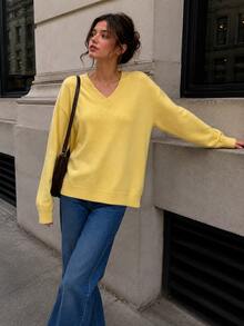 Women's Soft Oversized V-Neck Knit Sweater Long Sleeve Drop Shoulder Top For Fall - Yellow - View 3