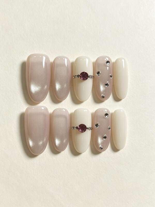 10pcs Handmade Press-On Nails, Light Pink & Milky White Almond Shape Fake Nails, Fine Glitter Cat Eye Purple Rhinestone Chain Silver Crystal Nail Tips, Glossy Reusable Artificial Manicure, Suitable For Women Elegant Ballet Style Wedding Daily Party Nail Decoration