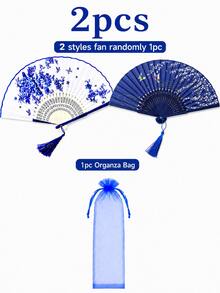 Blue Floral Bamboo Folding Hand Fan Set With Organza Gift Bag, Tassel And Thank You Tag, Wedding Guest Hand Fan, Wedding Guest Favor, Bridal Shower Gift, Bridesmaid Gift, Bride-To-Be Gift, Wedding Party And Autumn Wedding Decor - Blue and White - View 8