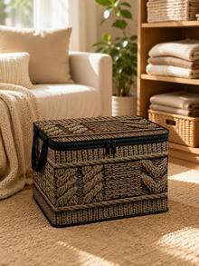 2D Flat Woven Texture Print Foldable Storage Box With Lid And Sturdy Zipper, Large Capacity Household Storage Basket, Suitable For Moving, Seasonal Clothing Change, Living Room And Garage Shelf Storage - Multicolor - View 1