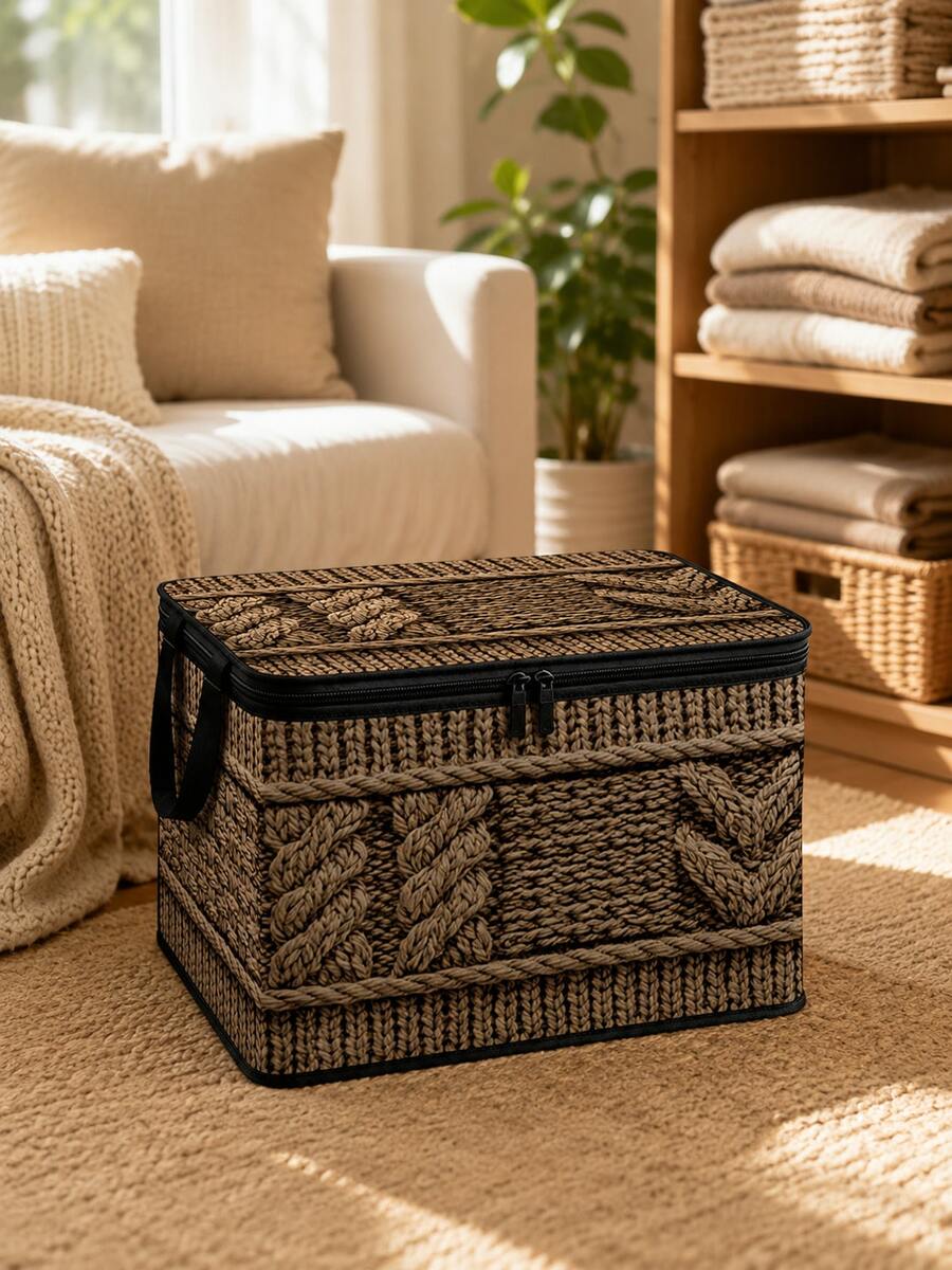 2D Flat Woven Texture Print Foldable Storage Box With Lid And Sturdy Zipper, Large Capacity Household Storage Basket, Suitable For Moving, Seasonal Clothing Change, Living Room And Garage Shelf Storage - Multicolor - View 1