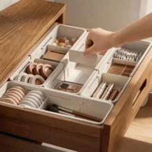 Expandable Storage Box, Large Capacity, Suitable For Office, Vanity, Plastic Desktop Cosmetic Organizer Tray, Kitchen Utensils, Bedroom Dressing Table Storage Box, College Dorm Stationery, School Supplies Drawer Divider - White - View 2