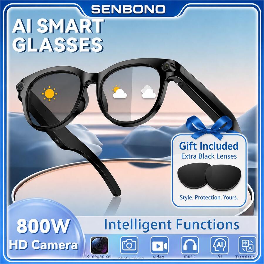 SENBONO Smart Glasses With 8MP Camera, Interchangeable Lenses, Camera Glasses, Wireless Earbuds, Smart Translation, Cross-Language Communication Voice Assistant, Built-In Camera, Low Latency, Music, Calls, Meetings, Office, Business, Travel - View 1