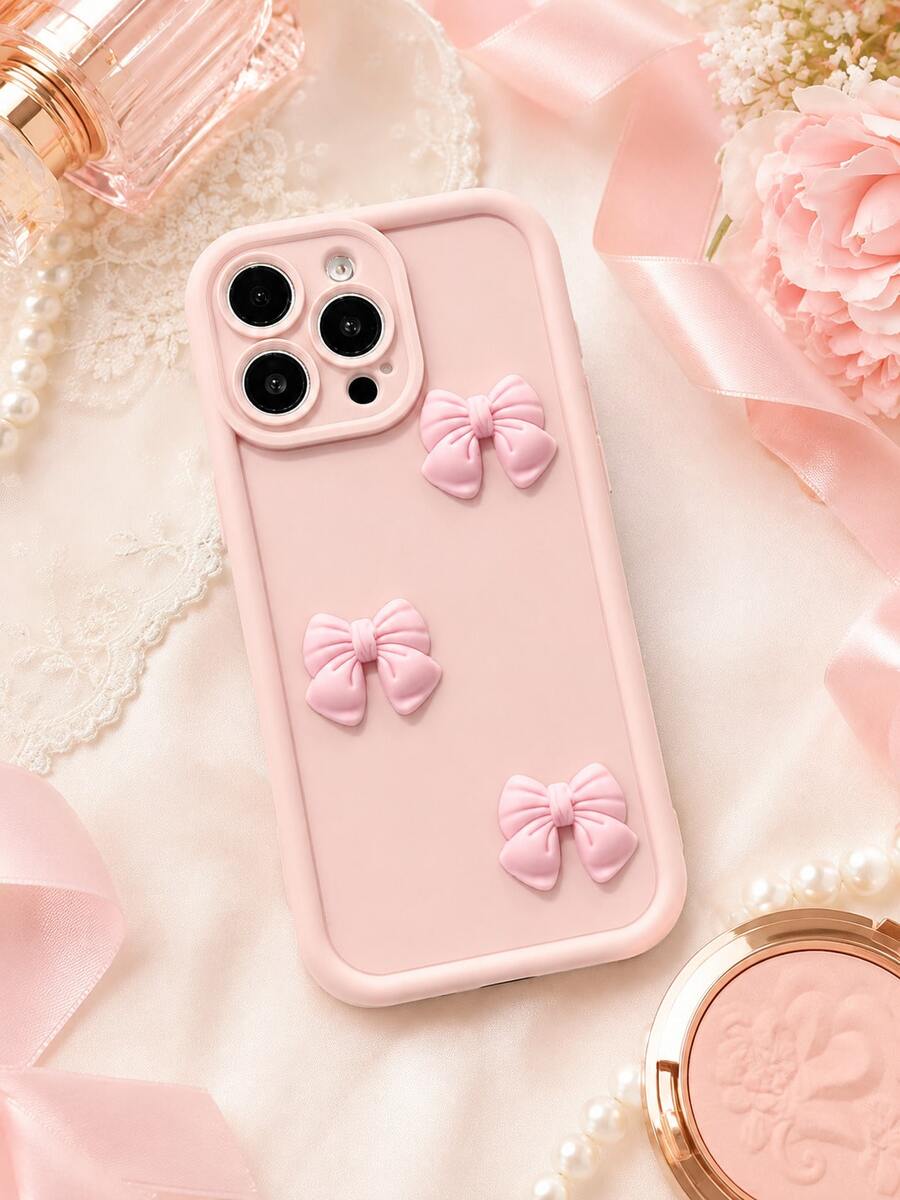 1pc Cute 3D Bow Decor Phone Case, Sweet Soft Pink Silicone Protective Shell, With Raised Camera Frame, Full Coverage Anti-Drop Girly Style, Compatible With Iphone 17/16/15/14/13/12/11 Series (Pro Max/Pro/Standard)