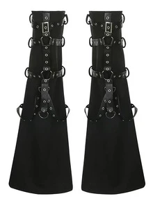 polve 1 Pair Black Punk Over-The-Knee Leg Warmers, Y2K Baddie Street Goth Style With Multiple Chains & Buckle Decor, Bell-Bottom Leg Warmers - Black Leather Buckle - View 6