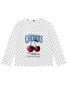 1pc Girls Big Kids White Base Black Polka Dot Cherry Print Long Sleeve T-Shirt, Retro American Sweet Style Loose Top For Spring And Autumn - White - View 5