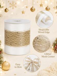 2.5 Inch Gold Glitter Wired Christmas Ribbon, White Champagne Mesh Polyester Ribbon With Metallic Edge, Christmas Tree Ribbon, Suitable For Bow Making, Christmas Tree Topper, Wreath, Holiday Party DIY Decoration - Gold Fan Belt - View 7