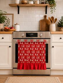 Christmas Oven & Dishwasher Door Curtain, Red Background With White Reindeer & Christmas Tree Print, Ruffled Edge With Red Bow, Holiday Kitchen Stove Decoration, Winter Home Party Kitchen Entryway Cabinet Decor Accessory - Red - View 6