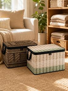 2D Flat Woven Texture Print Foldable Storage Box With Lid And Sturdy Zipper, Large Capacity Household Storage Basket, Suitable For Moving, Seasonal Clothing Change, Living Room And Garage Shelf Storage - Multicolor - View 2
