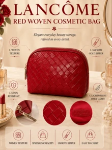 Lancôme Red Woven Makeup Bag, 22.7*6.5*15.5cm, Woven Texture, Spacious Capacity, Smooth Zipper, Easy To Carry, Stain-Resistant, Suitable For Daily Use - Red - View 5