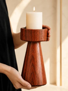 1pc/2pcs Red-Brown Wood Grain Pillar Candle Holder, Modern Wabi-Sabi Style Conical High-Low Candle Stand, Suitable For Dining Table Centerpiece, Living Room, Entryway, Console Table, Wedding Decor And Housewarming Gift, Candles Not Included - Mahogany Pillar Candle Holder - View 4