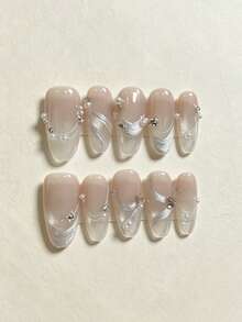 10pcs Handmade Press-On Nails, Nude Almond Shaped Fake Nails, Cat Eye Silver Ribbon Pearl Rhinestone Decorated Nail Tips, Glossy Reusable Artificial Nails, Suitable For Women Elegant Romantic Style Wedding Date Daily Nail Decor - Multicolor - View 2