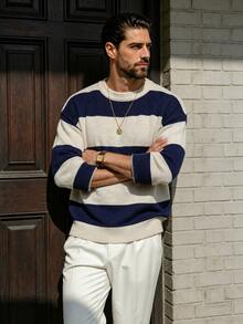 Sweater Patchwork Bergaris Klasik Unisex, Atasan Rajut Longgar Kasual Nyaman Bergaya Retro dengan Leher Bulat, Cocok untuk Musim Gugur dan Musim Dingin - Aprikot - View 5