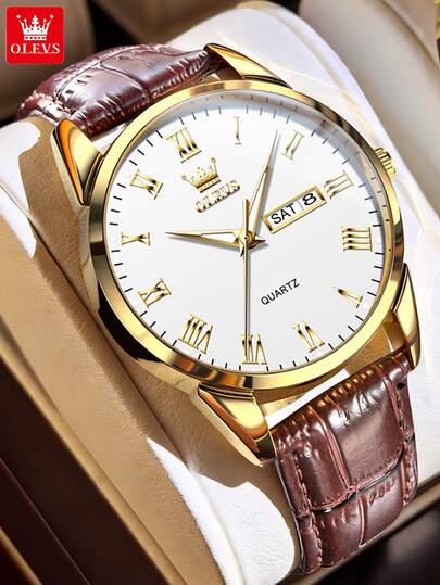 OLEVS 5892 Top Brand Watches For Men Leather Strap Dual Calendar Roman Scale Simple Elegant Luxury Original Quartz Men's Watches