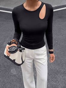 Sookaug Sexy Style Hollow Out Cutout Design Knit Sweater Women Slim Fit Flattering Long Sleeve Black Base Layer Top - Black - View 8