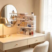 Transparent Flip-Top Bathroom Storage Organizer, Stackable Expandable Design, Dust-Proof Organizer Rack For Perfume, Cream And Other Toiletries On Washbasin - Multicolor - View 1