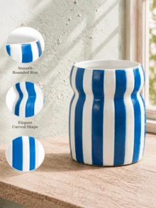 現代彩色條紋亮面曲面花瓶，客廳、臥室、層架裝飾中心飾品，居家裝飾 - 藍粉色束腰條紋 - 查看 5