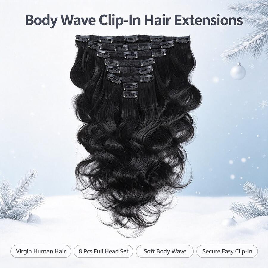 BINF 8 Pcs Body Wave Clip In Hair Extensions Natural Black Soft Wavy Clip On Hair Pieces Easy Install Daily Dating Halloween Party Clip‑In Hair For Ladies