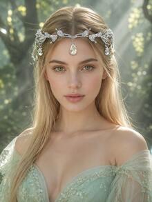 Silver Elven Leaf Rhinestone Forehead Crown Tiara Teardrop Crystal Pendant Headpiece For Women Forest Wedding Bridal Cosplay Fairy Theme Party - Multicolor - View 2