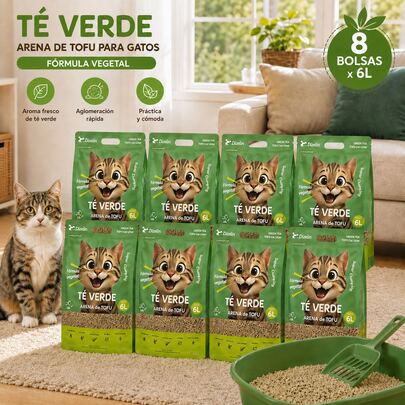 Arena para gatos de tofu, 48 litros por paquete, 6 litros por bolsa, 8 bolsas en total. Se aglomera fácilmente, controla los olores sin generar polvo y viene en varios aromas. Imprescindible para hogares con varios gatos y para quienes buscan abastecerse.