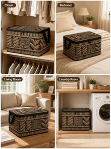 2D Flat Woven Texture Print Foldable Storage Box With Lid And Sturdy Zipper, Large Capacity Household Storage Basket, Suitable For Moving, Seasonal Clothing Change, Living Room And Garage Shelf Storage - Multicolor - View 10