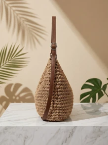 CAJUNI 女款草編斜背包 夏季海灘肩背手提包 白色編織包 - 卡其色 - 查看 3