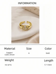 1件女款金色粗款圓頂戒指，閃亮花朵立方氧化鋯開口寬版誇張戒指，優雅飾品，適合日常配戴、派對、約會與送禮 - 金黃色 - 查看 8