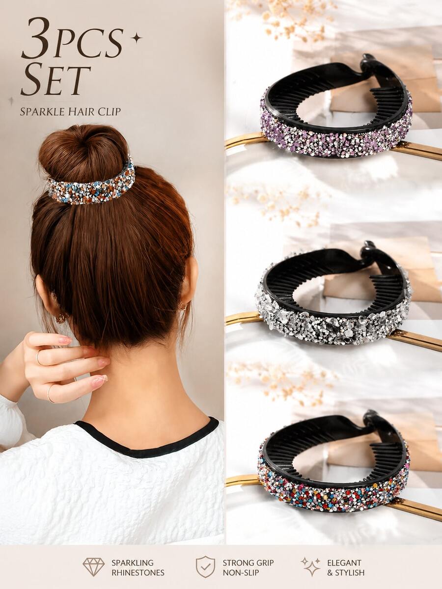 Shiny Rhinestone Twisted Bun Hair Clip, Shiny Rhinestone Hair Clip, Non-Slip Curved Ponytail Hair Clip, Elegant Updo Hairstyle Decoration
