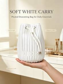 Dior Cream White Vertical Stripe Drawstring Makeup Bag, 3D Embossed Letter Logo Mini Bucket Storage Bag, Portable Travel Cosmetic Jewelry Organizer - White Bucket Bag - View 4