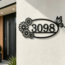 4 Sizes Available! Flower & Butterfly Metal House Number Address Sign,Personalized Address Plaque, Door Number, Hotel Room Numbers Sign - Black - View 3