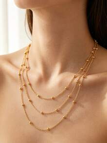 VceTd 1/2PCS Minimalist Vacation Style Asymmetrical Random Beads Chain Design Stainless Steel Women's Jewelry Set Suitable For Women's Daily Wear Or Vacation Wear Or Gift - Yellow Gold - View 3