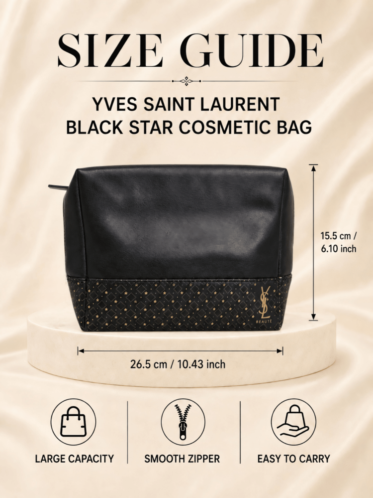 YSL Saint Laurent 星星黑色化妝包，26.5×15.5cm，大容量順滑拉鍊易清潔，適用於旅行化妝品收納 - 黑色 - 查看 10