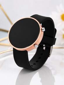 2件組情侶LED數位電子錶，玫瑰金與銀色圓形黑螢幕錶盤，黑色矽膠錶帶，極簡時尚中性運動電子腕錶 - 黑色 - 查看 6
