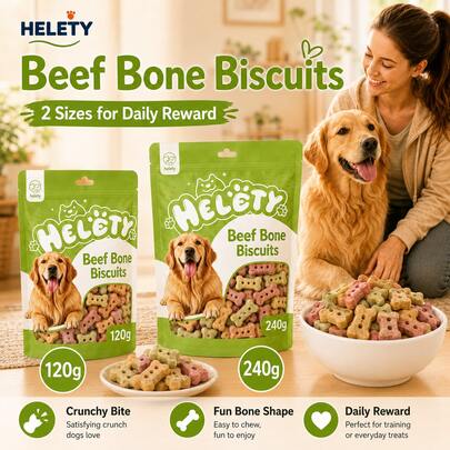 HELETY Galletas de Hueso de Ternera para Perros, Premios Crujientes con Sabor a Ternera, Recompensas de Entrenamiento en Forma de Hueso y Snacks Diarios para Perros, 120g/240g, para Perros Pequeños, Medianos y Grandes