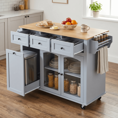 MUUOKY 54.2'' Mobile Kitchen Island With Glass Door Storage & Trash Bin Cabinet, Open Shelves, Rolling Kitchen Cart With Towel Rack, Spice Rack & Knife Holder, Functional Prep Table For Kitchen