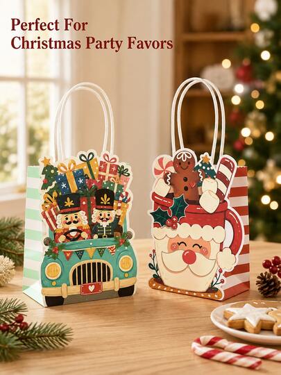 10pcs Mini Christmas Paper Gift Bags, Cute Santa Claus & Nutcracker Pattern, Christmas Holiday Party Favor Gift Packaging Bags