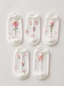 5 Pairs Random (Non-Embroidered) White Flower Bow Boat Socks, Breathable & Comfortable, Suitable For All Seasons, Random Colors - Multicolor - View 2