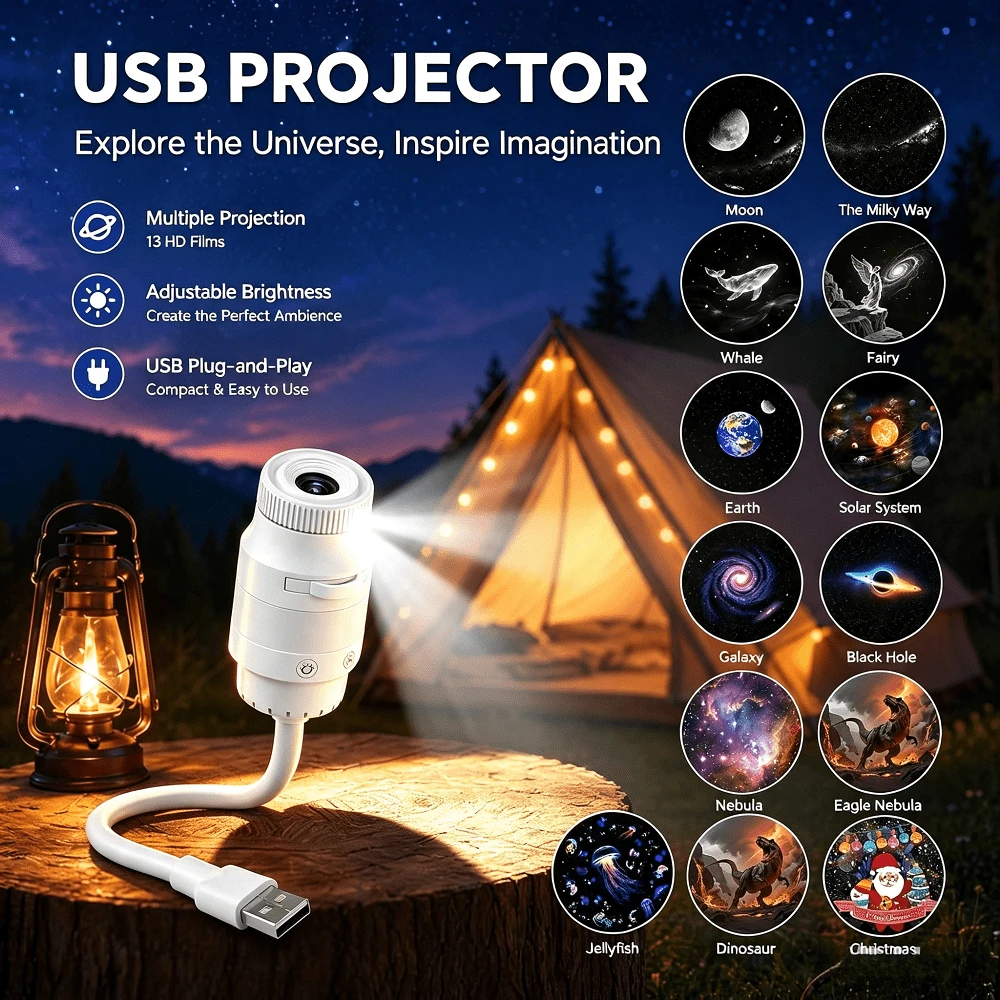 Galaxy Projector Light, 2-In-1 USB Portable Starry Sky Projection Night Light, LED Ceiling/Wall Projector, 360° Rotation, USB Powered, Suitable For Car And Bedroom, Adult Decor - White - View 1