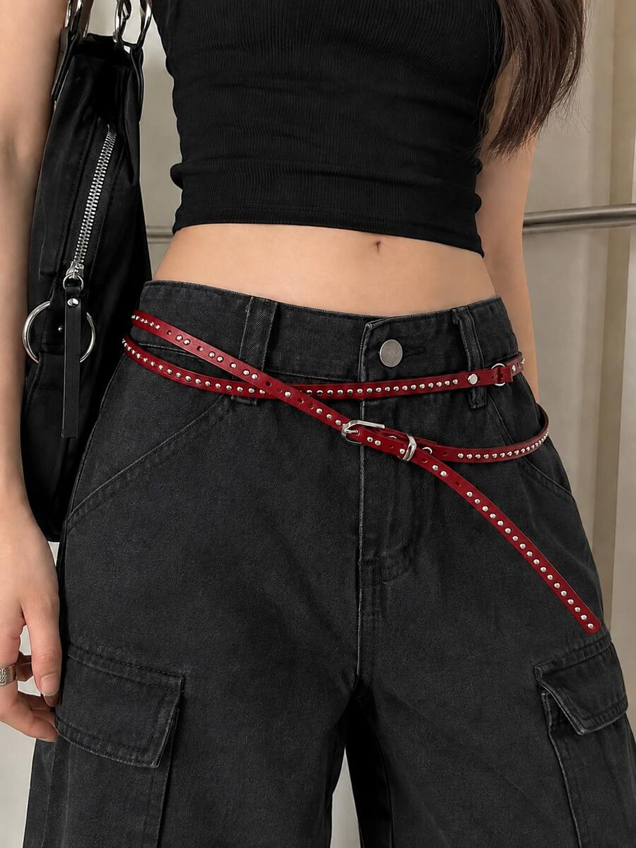 Rivet Extra Long Thin Waist Belt Punk Vintage Waist Cinch Suitable For Pants And Skirts - Red - View 1