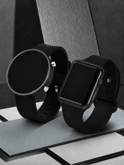 2pcs/Set Couple LED Digital Electronic Watches, Round And Square Black Dial, Black Case With Silicone Strap, Minimalist Fashion Unisex Casual Sports Wristwatch Gift